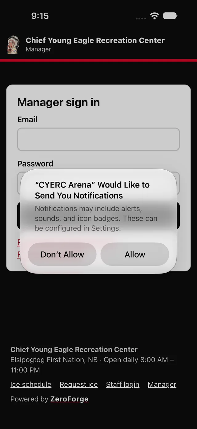 The CYERC Arena iPhone app asking permission to send notifications on the manager sign-in screen