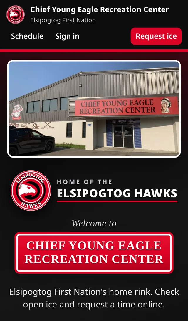 Chief Young Eagle Recreation Center home page on a phone, with a photo of the arena and the Elsipogtog Hawks logo