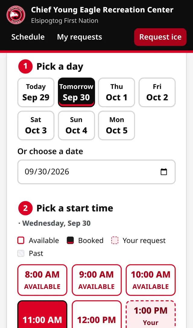 Ice request screen on a phone: pick a day, then pick an available start time