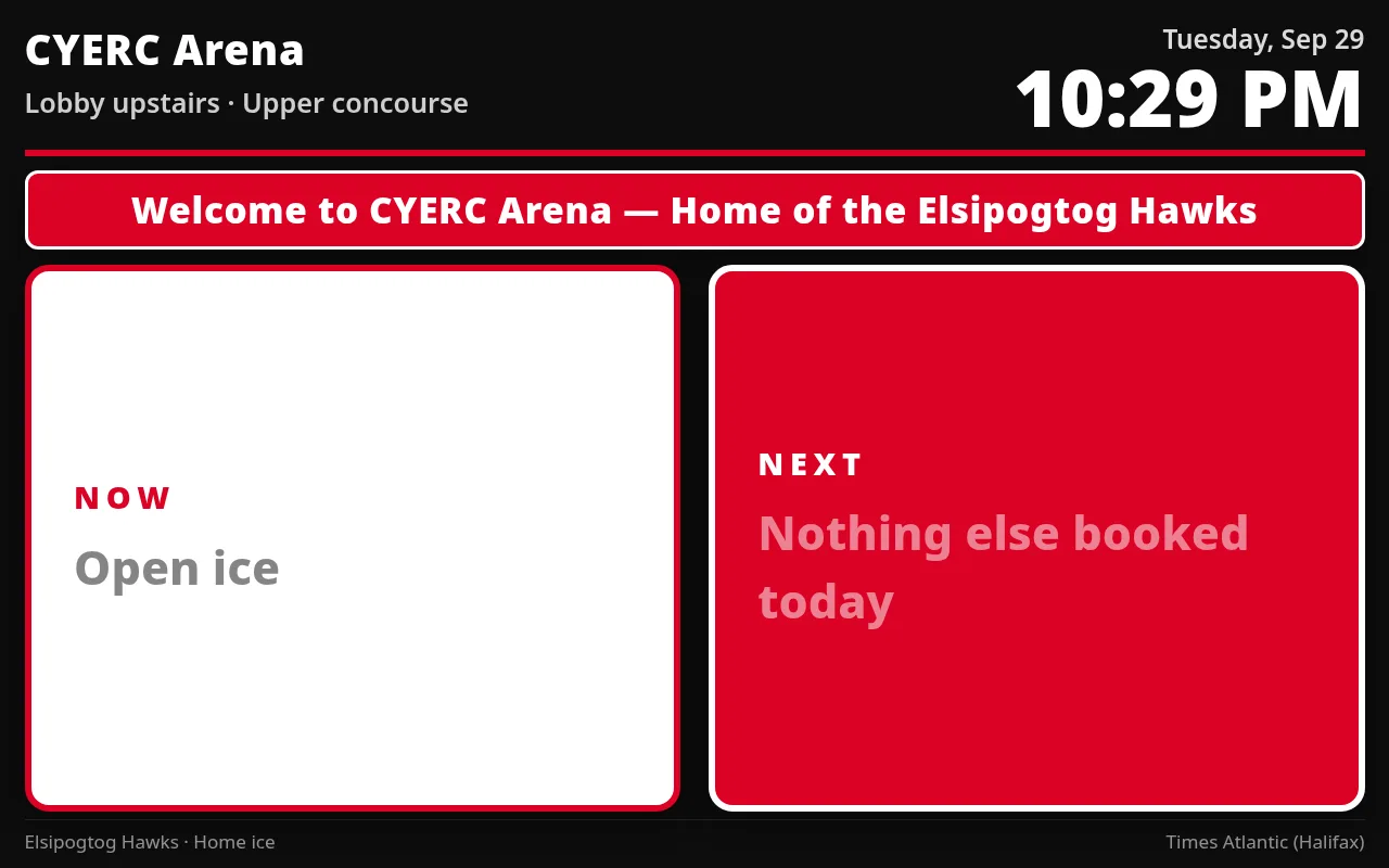 Lobby TV screen showing what is on the ice now and what is next