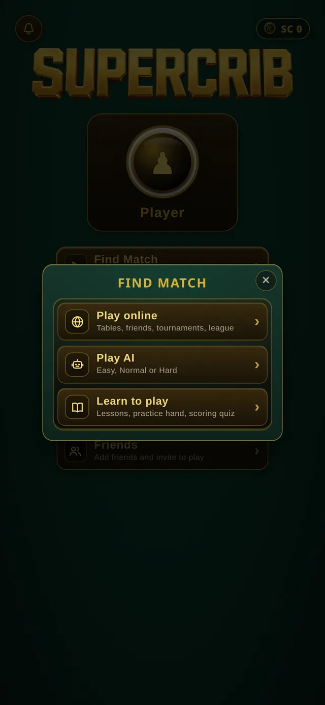 Find Match menu with Play online, Play AI, and Learn to play