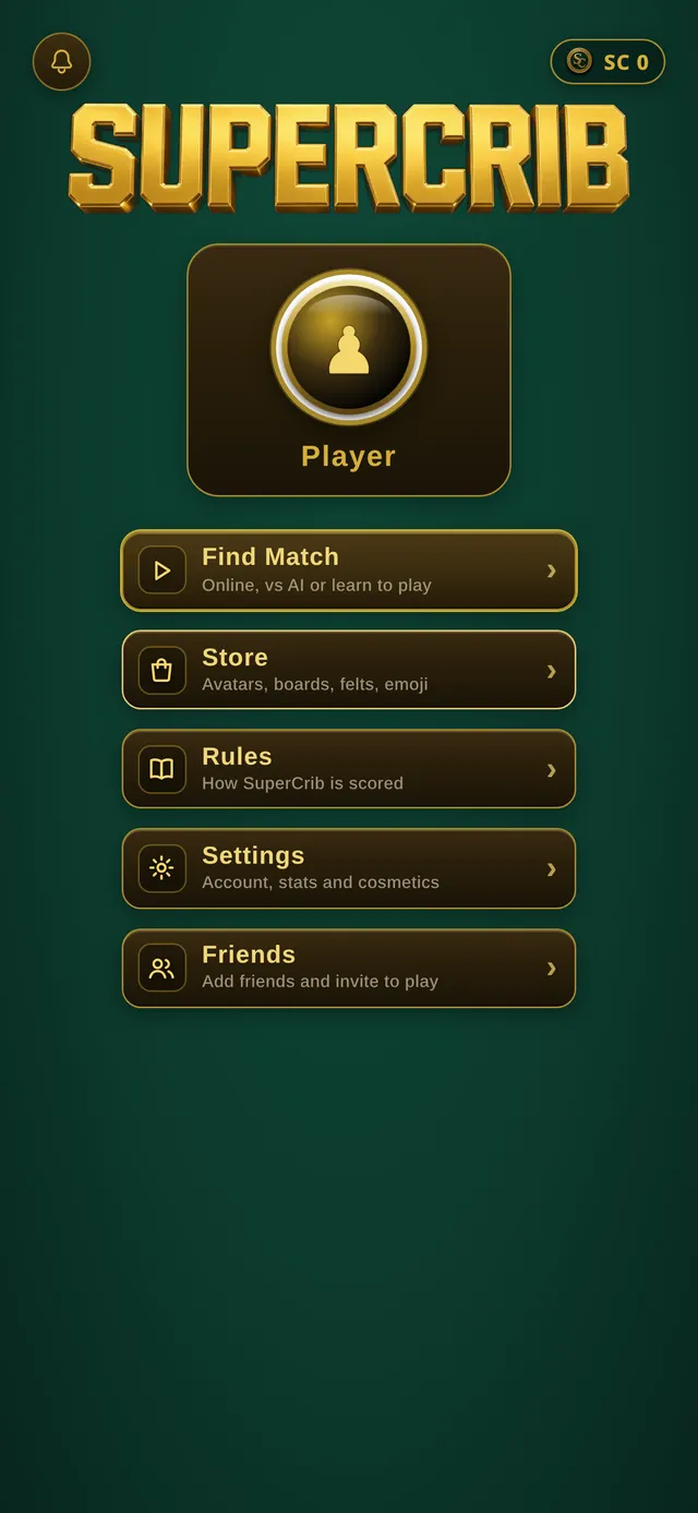 SuperCrib home screen with Find Match, Store, Rules, Settings, and Friends