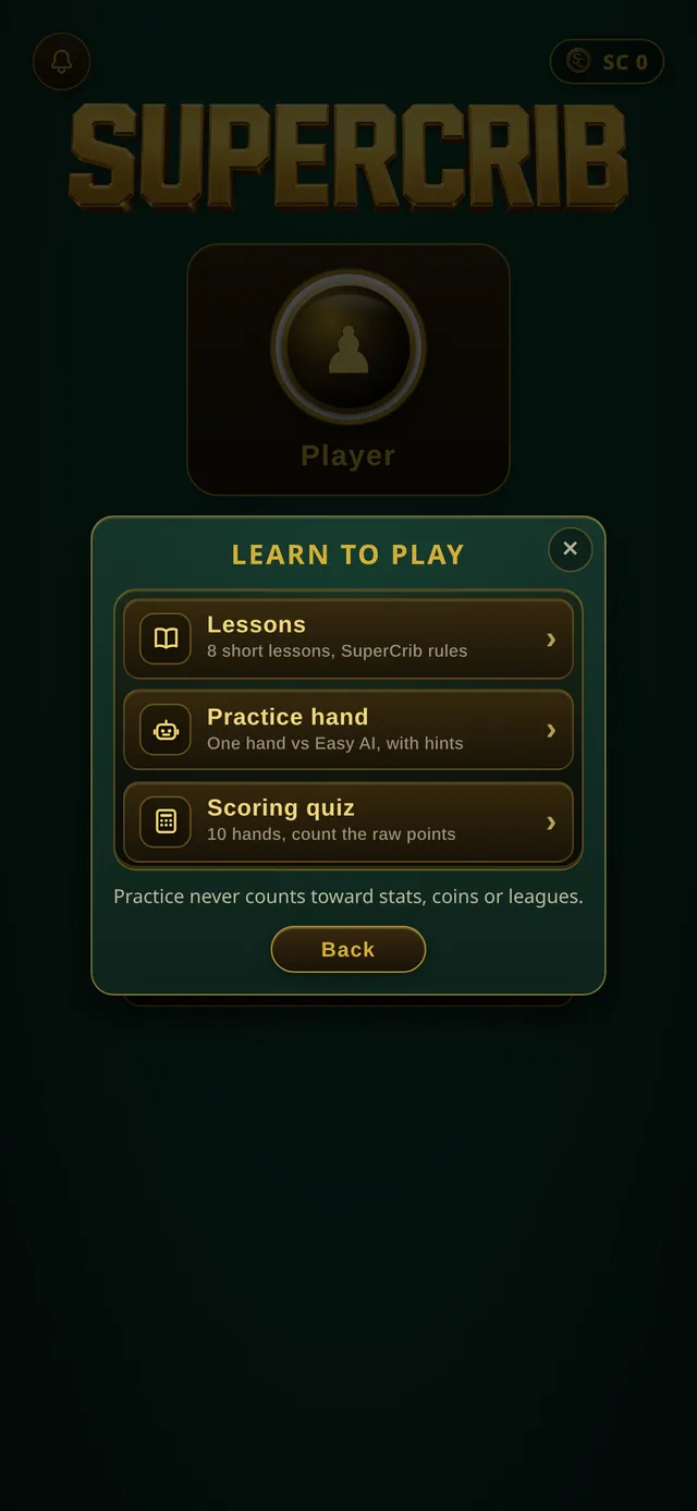 Learn to play menu with Lessons, Practice hand, and Scoring quiz