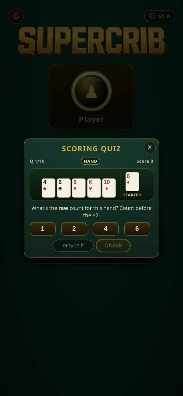 Scoring quiz asking for the raw count of a hand before the ×2