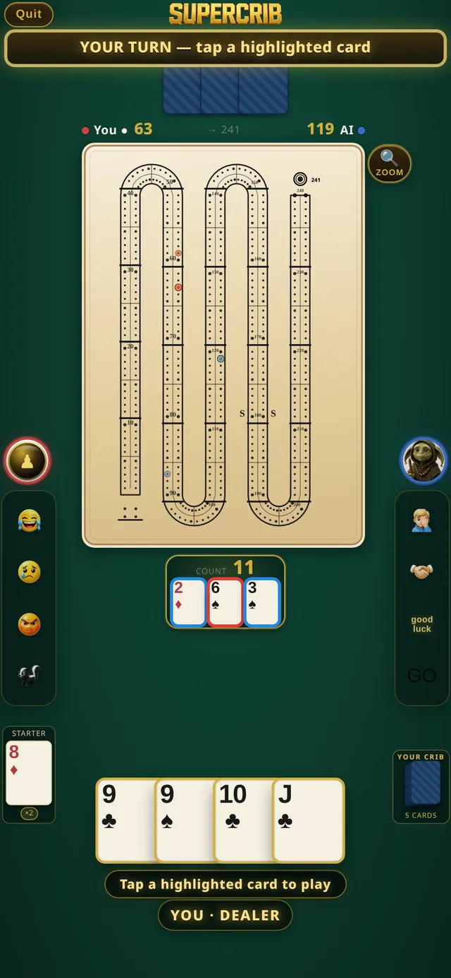 A game against the AI during pegging, with the 241 board and the count at 11